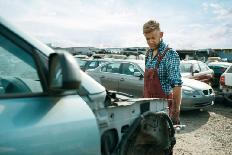 Použité náhradné autodiely uložené na vrakovisku pred kontrolou a predajom.